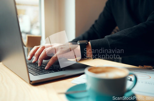 Image of Writing, laptop and hands in coffee shop for Phd research, online education and scholarship essay. Computer, internet cafe and person, customer or student study, typing or creative blog inspiration