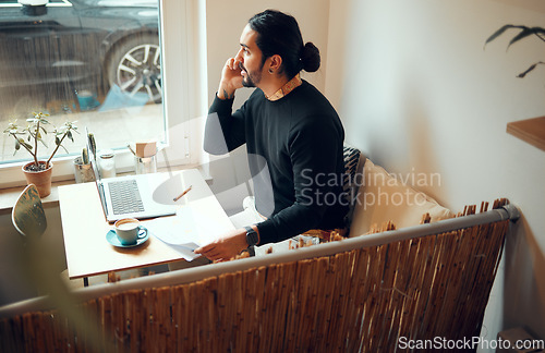 Image of Startup, cafe or business man with phone call in coffee shop for SEO planning, life insurance or strategy. Remote work, documents or male on smartphone for communication or telemarketing networking