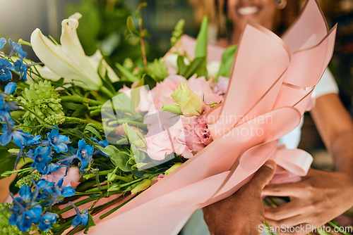 Image of Bouquet, spring and woman with flowers for a present at a shop for growth, gift or gardening. Floral, entrepreneurship and florist with plants, nature and ecology working at a small business