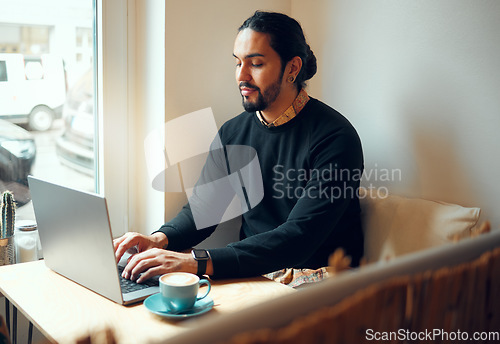 Image of Thinking startup cafe or man on laptop for social media KPI, networking or blog content review. Remote work, email or coffee shop employee with tech for network strategy, SEO research or internet app