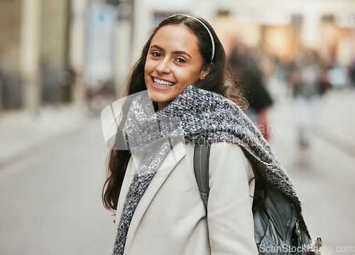 Image of Travel, city and portrait of woman in street for holiday, student vacation and urban adventure in London. Fashion, walking and face of happy girl enjoying freedom, tourism and journey on weekend