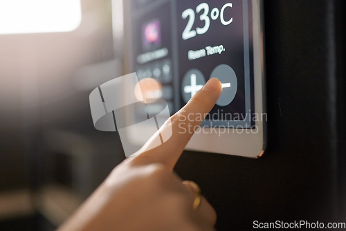 Image of Smart home system, wall and woman hands with digital app monitor for thermostat heating, temperature control or house automation. Future AI software, ui air conditioning panel and girl with IOT tech