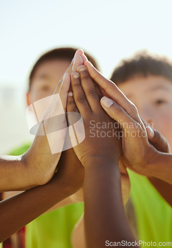 Image of High five, friends and hands of children in support of community, teamwork and clean up project. Kids, hand and huddle for collaboration by volunteer team gathering help, motivation and solidarity