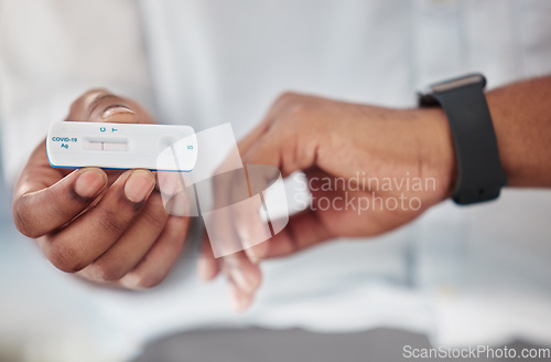 Image of Covid, rapid test and hands of person with watch for time check with healthcare assessment in pandemic. Corona pcr and result of black man with medical exam kit at hospital or virus clinic zoom.