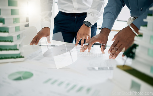 Image of Paperwork, architecture and hands of team planning project together in the office with graphs, data and statistics. Teamwork, construction and people in collaboration working on building in workplace