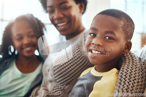 Image of Love, portrait of mother and children bonding on sofa for happy family time together in apartment in South Africa. Smile, trust and support, black woman and kids on couch with healthy relationship.