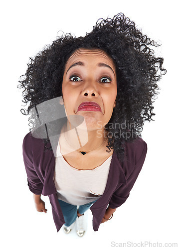 Image of Sad, face and woman overhead disappointed and feeling unhappy isolated against a studio white background. Portrait, top view and frustrated young person is moody, annoyed or in fear due to fail