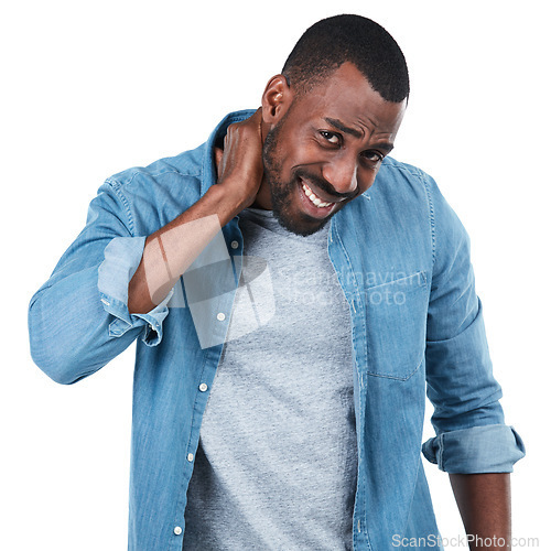Image of Stress, pain and sore neck of a man feeling hurt isolated against a studio white background. Portrait of a male with an injury and burnout due to pressure and wellness crisis or problem