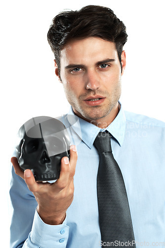 Image of Portrait, businessman and black skull in hand in studio for death, symbol and failure on a white background. Face, man and skeleton for research, emoji and magic, hypnosis or horror, end and isolated