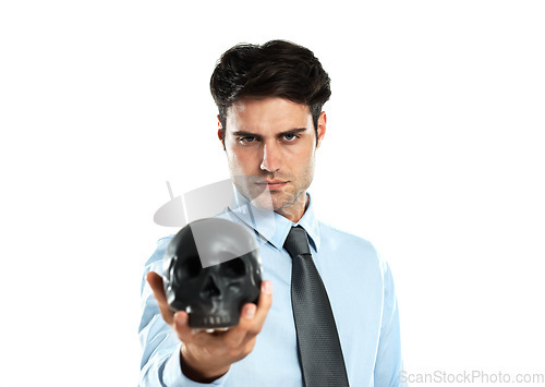 Image of Portrait, black skull and business man in studio for death, symbol and failure against a white background. Face, fail and man showing human head for manipulation, emoji and bad luck while isolated