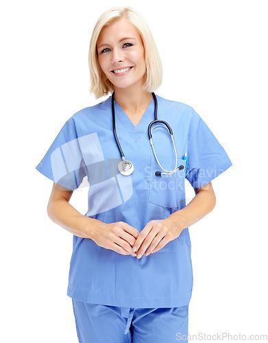 Image of Healthcare, portrait and woman nurse in a studio with a stethoscope ready for a consultation. Nursing, doctor and happy female medical worker from Canada in scrubs isolated by a white background.