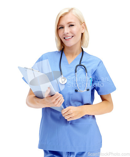 Image of Portrait, medical and documents with a nurse woman in studio isolated on a white background for health. Hospital, insurance and healthcare with a female medicine professional writing on a clipboard