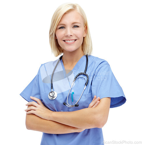 Image of Woman, nurse and smile with arms crossed and stethoscope for healthcare against a white studio background. Portrait of a professional female medical doctor standing isolated and smiling