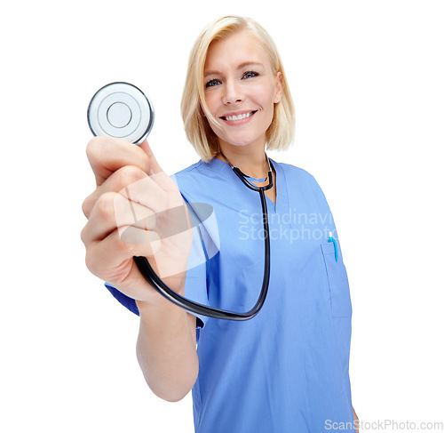 Image of Woman, doctor smile and medical stethoscope for wellness, hospital success or leader isolated in white background. Happy nurse, medic equipment or healthcare tools for cardiology or heartbeat