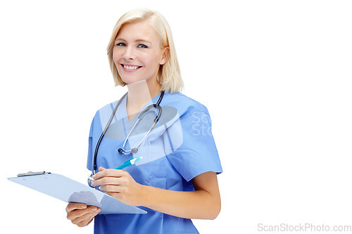 Image of Portrait, mockup and documents with a nurse woman in studio isolated on a white background for healthcare. Hospital, health and medical with a female medicine professional writing on a clipboard