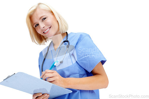 Image of Portrait, healthcare and clipboard with a nurse woman in studio isolated on a white background for insurance. Hospital, health and medical with a female medicine professional writing on documents