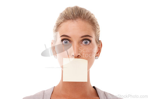 Image of Sticky note, wow and shocked face of woman with covered mouth isolated against a studio white background. Portrait of surprised, alert and censored caucasian corporate female or entrepreneur