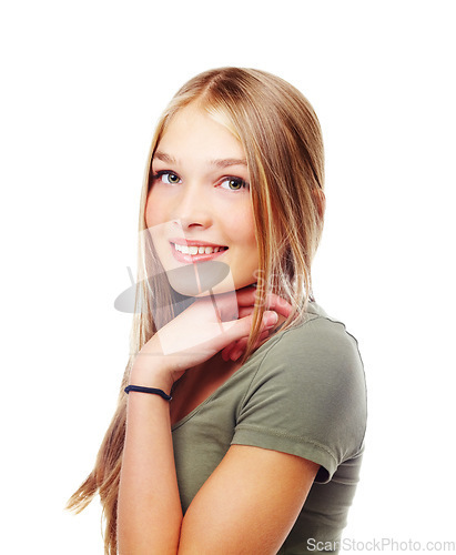 Image of Beauty, portrait and young teenager in studio smiling and happy isolated against a white background. Face, happiness and confident blond female model or girl with skincare makeup on her skin