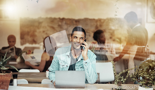 Image of Phone call, talking and man with laptop in cafe with smile and networking for freelance job in restaurant window. Technology, communication and remote work for freelancer in coffee shop with computer