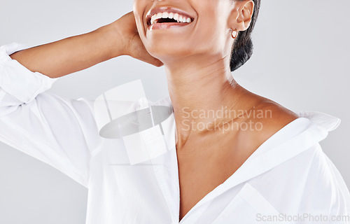 Image of Woman, smile and skincare beauty in cosmetics, makeup or fashion isolated against gray studio background. Happy female model smiling showing skin in happiness or satisfaction for luxury spa treatment