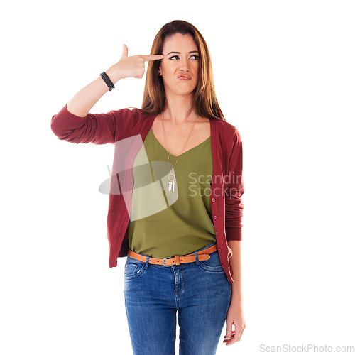 Image of Stress, woman and gun gesture with hand, suicide and mental health isolated on white background. Anxiety, burnout and depression, sad lady in crisis pretending to shoot herself with sadness in studio