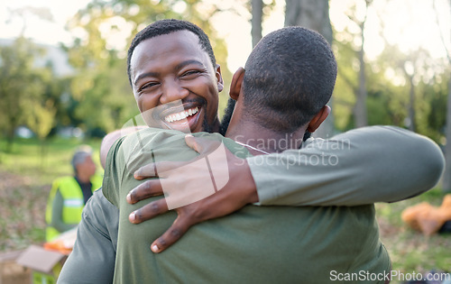 Image of Hug, nature volunteer and community celebrate cleaning garbage pollution, waste product or environment support. Eco friendly collaboration, NGO charity or African team help with park plastic clean up