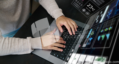 Image of Man, hands and laptop hologram with dashboard, data analysis and software for network innovation. Above, computer typing and digital overlay for website, database and internet analytics on technology