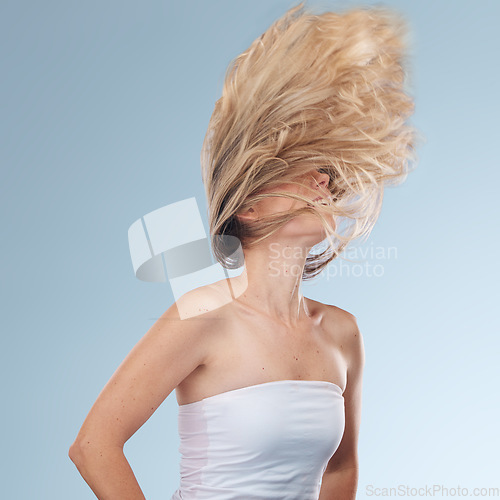 Image of Hair, beauty and woman in studio happy dance and head shake fun on grey background mockup space. Haircare, girl and model relax with luxury, wellness and grooming, hygiene and pamper while isolated