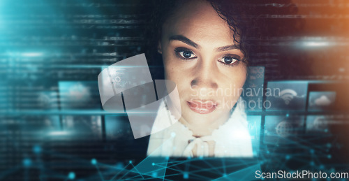 Image of Futuristic, AI and business woman, face and connectivity, cyber data overlay and technology innovation. Digital transformation, metaverse and tech analytics, web dashboard and internet holographic