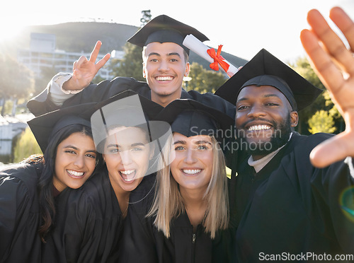 Image of Students, graduation selfie and outdoor at campus with happiness, pride and celebration in summer. College graduate friends, university student group and diversity with success, education and goals