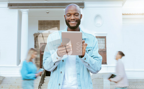 Image of Black man, university student and tablet at outdoor campus with smile, learning and opportunity for education. Young african guy, mobile touchscreen tech and happy at college with social media app