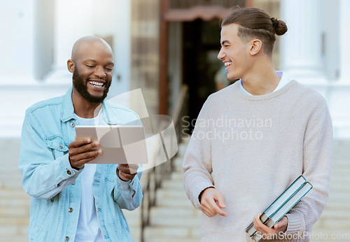 Image of College student, tablet and friends with funny meme at campus, happy chat and blog on internet. Black man, students and mobile touchscreen tech at university with social media app, comic talk or joke