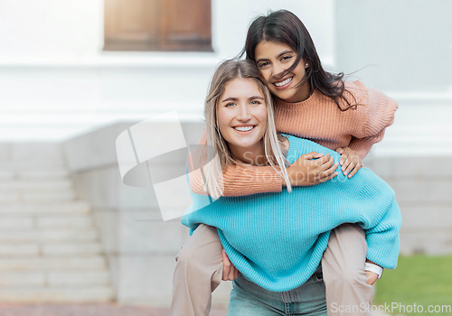 Image of University student, women friends and piggyback portrait at outdoor campus with smile, education and support. Young students, woman group and solidarity with trust, funny and playful on college lawn