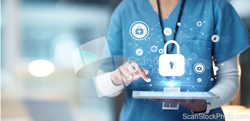 Image of Medical cybersecurity, tablet and hands of doctor, surgeon or nurse with virtual hologram for database lock. Mockup hospital, life insurance and woman with digital archive biometric for info safety