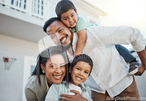 Image of Portrait, happy family and piggyback outdoor at new home, real estate loan and building mortgage together. Parents, kids and smile outdoor for property investment, moving house and future security