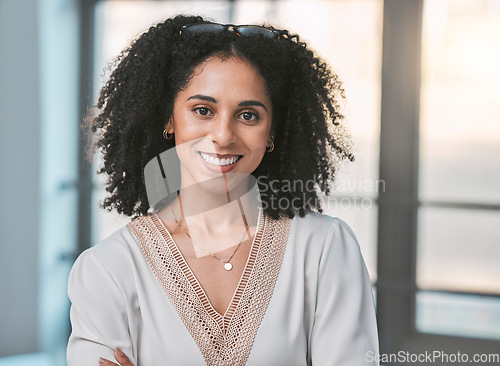 Image of Business, confidence and portrait of woman with smile at HR department at corporate startup in Brazil. Leadership, female empowerment and company management, happy manager in human resources office.