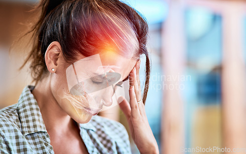 Image of Woman, home and stress headache with hand, head and pain with 3d holographic overlay for healthcare. Lady, depressed and burnout with sick, frustrated face and physical problem with anxiety in house