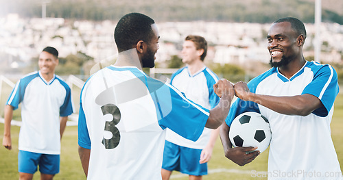 Image of Fist bump, soccer team and fitness teamwork success of a sports group in training on a grass field. Football friends, support and exercise support with motivation outdoor for health workout and smile