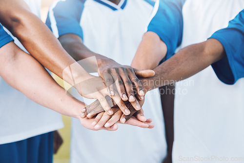 Image of Sports, teamwork and stack of hands for soccer for support, motivation and community on field. Collaboration, team building and group of players ready for game success, training and match celebration