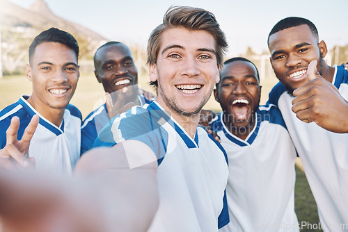 Image of Excited, soccer and portrait of a team selfie at training, game or competition on a field. Fitness, diversity and football players with a photo after winning, achievement and sports in France