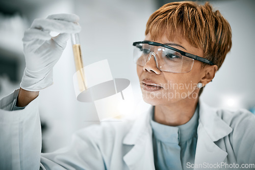 Image of Science, test tube and black woman scientist with research, analysis and laboratory vision, safety and focus. Liquid assessment for chemical, chemistry or medical study professional, person or expert