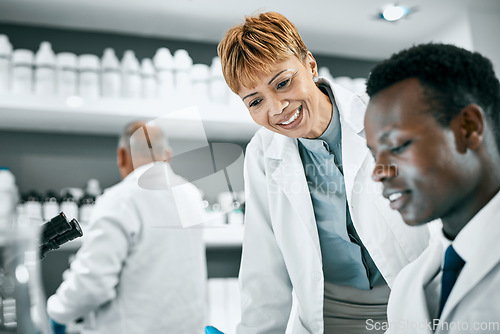 Image of Doctor, covid or scientist people in science laboratory for DNA research, medical and medicine data analysis. Happy, healthcare teamwork or nurse for healthcare, cancer innovation or virus test study