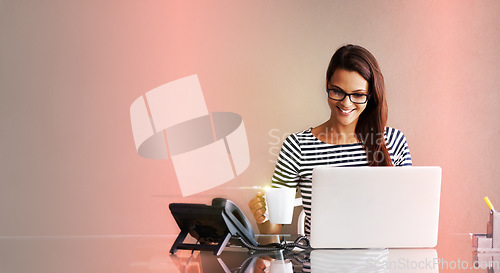 Image of Laptop, planning and woman isolated on studio background with digital glow, light or gradient mockup in creative career. Coffee, computer tech and business person, worker or employee on mock up space