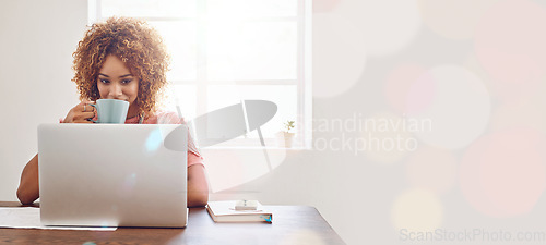 Image of Business woman, laptop and drinking coffee in relax, thinking or planning day at the office on mockup. Creative female designer with warm drink relaxing by computer on desk contemplating in startup