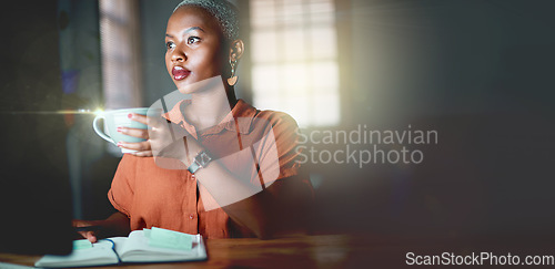 Image of Black woman, coffee and night at office with computer, notebook and mockup space for planning, strategy or analysis. Executive, dark workplace or book for notes, schedule or agenda for small business