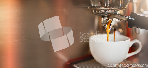 Image of Coffee machine, cafe and restaurant for hot drink, espresso or latte liquid for retail at small business. Cup on electrical appliance in shop or store kitchen for beverage, service or startup