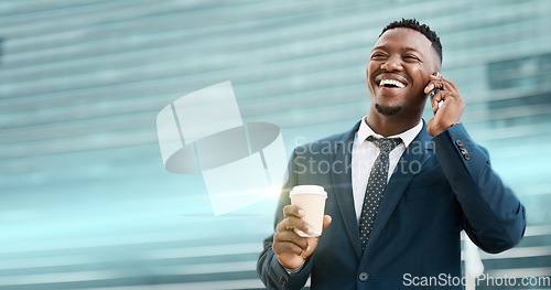 Image of Phone call, coffee and businessman happy, smile and confident against a building background. Black guy, entrepreneur and smartphone networking, conversation and call with good news while in a city