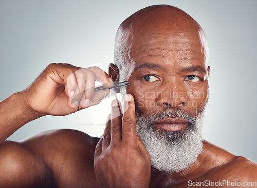 Image of Grooming, skincare and black man with a tweezers for hair removal isolated on a studio background. Cleaning, beauty and face of an African senior model with a tool for facial care on a grey backdrop