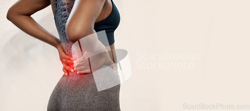Image of Back pain, red and woman isolated on wall background for fitness, exercise and sports injury, emergency and risk. Medical, spine and athlete with anatomy problem in workout with studio mockup space