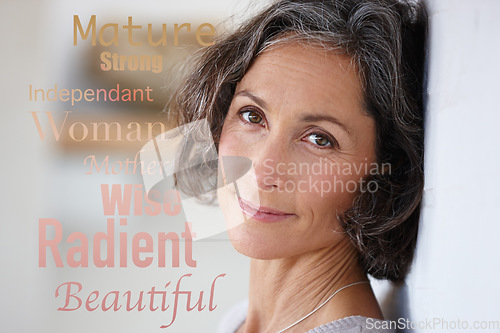 Image of Words overlay, letter collage and portrait of a mature woman face in retirement against a wall. Positive word message, smile and isolated female with motivation text and beauty feeling empowerment